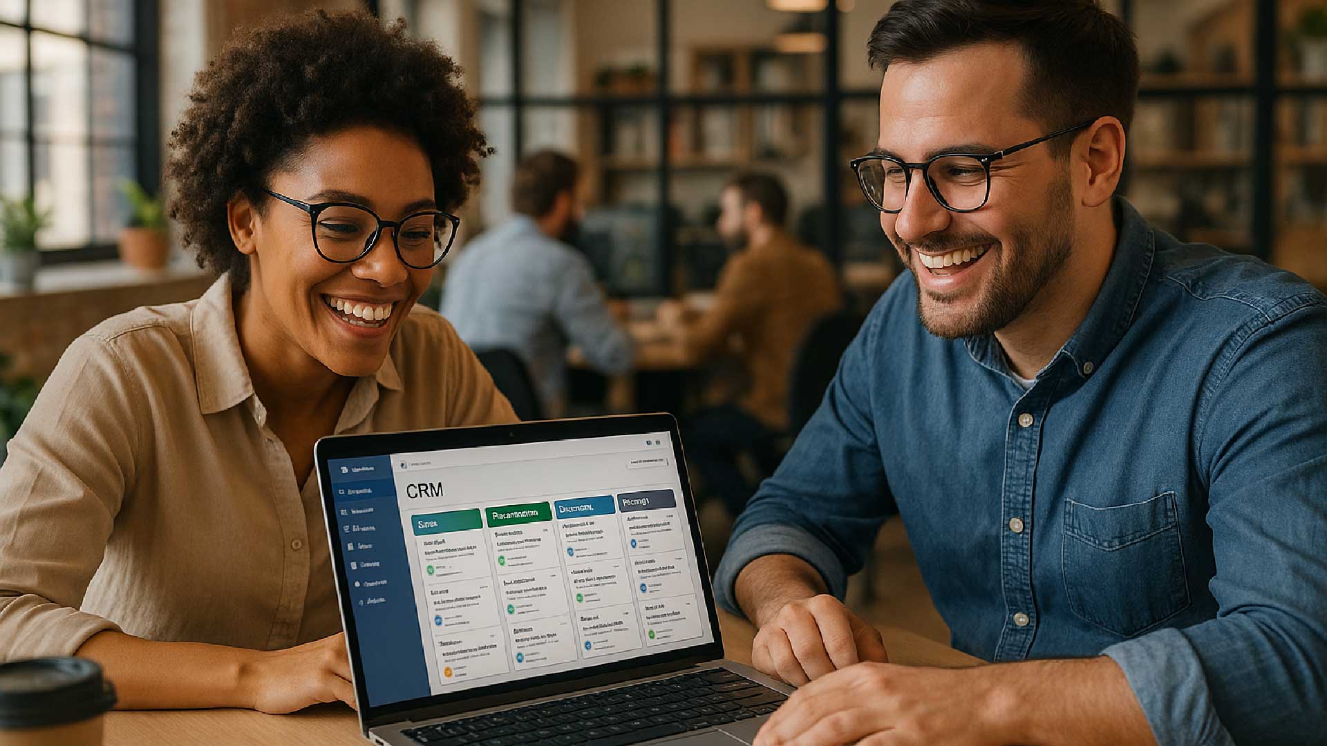 Deux entrepreneurs utilisant un CRM pour gérer leur petite entreprise