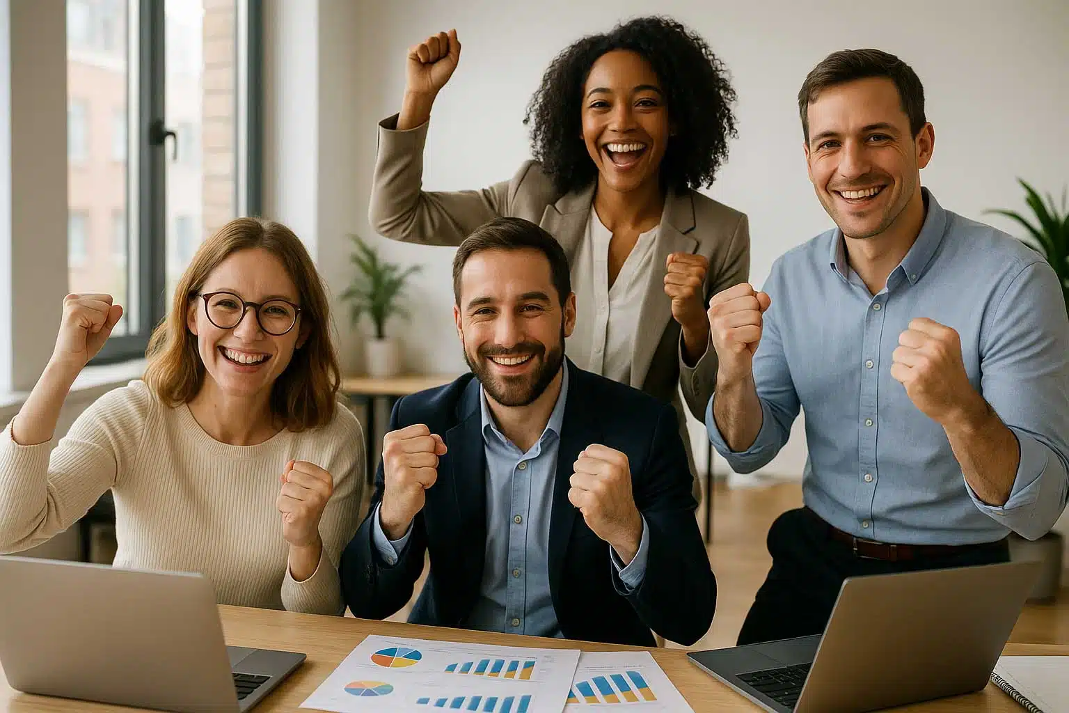 Équipe marketing célébrant les résultats d’une stratégie de génération de leads