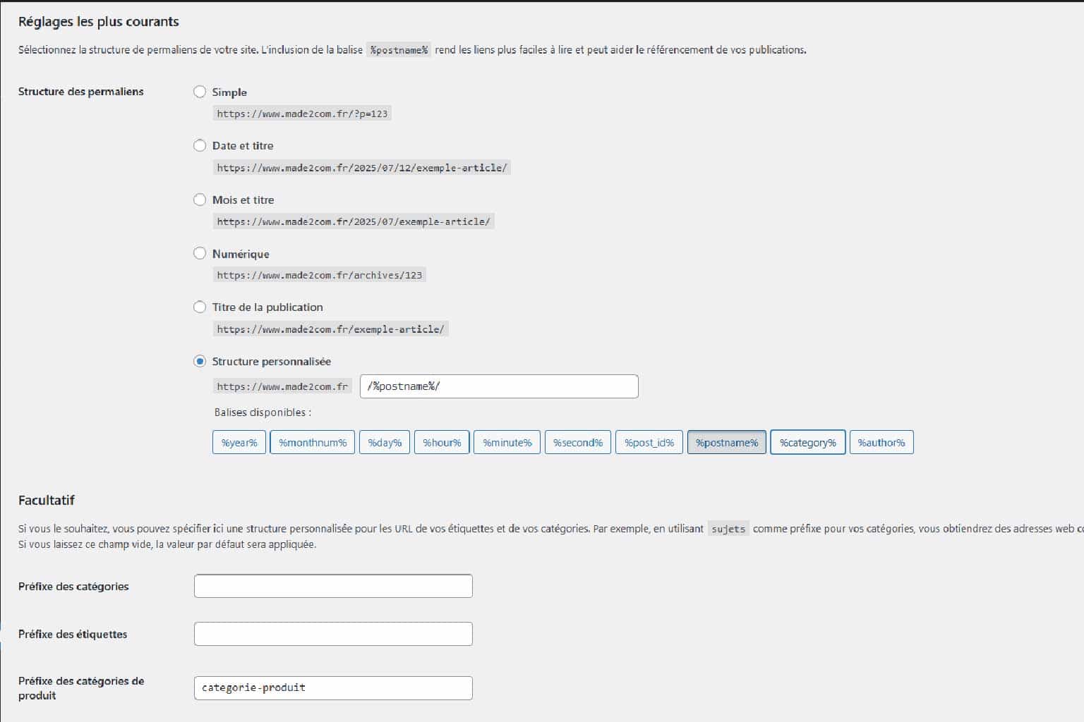 Interface de réglage des permaliens WordPress pour une structure SEO optimisée
