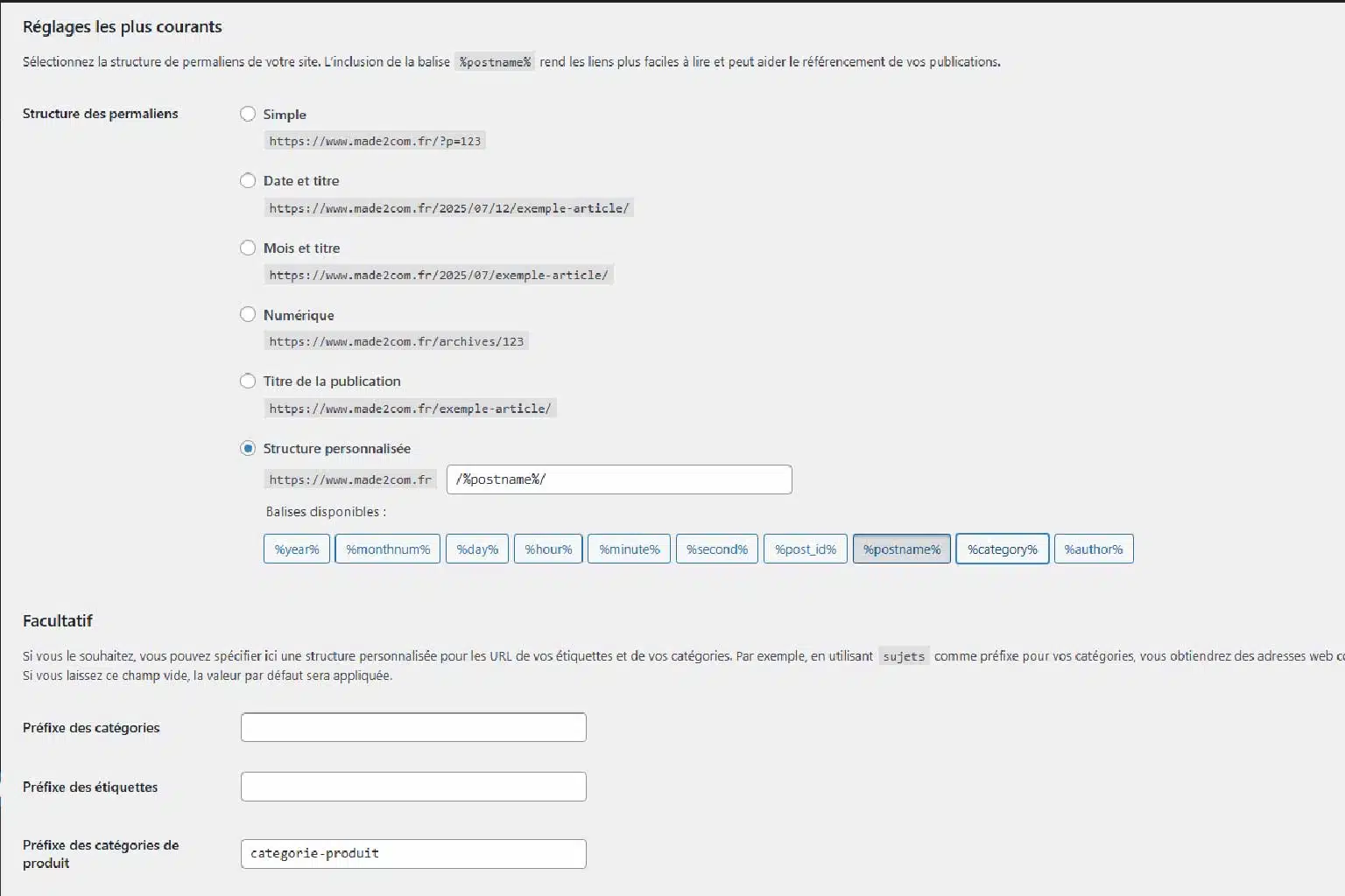 Interface de réglage des permaliens WordPress pour une structure SEO optimisée