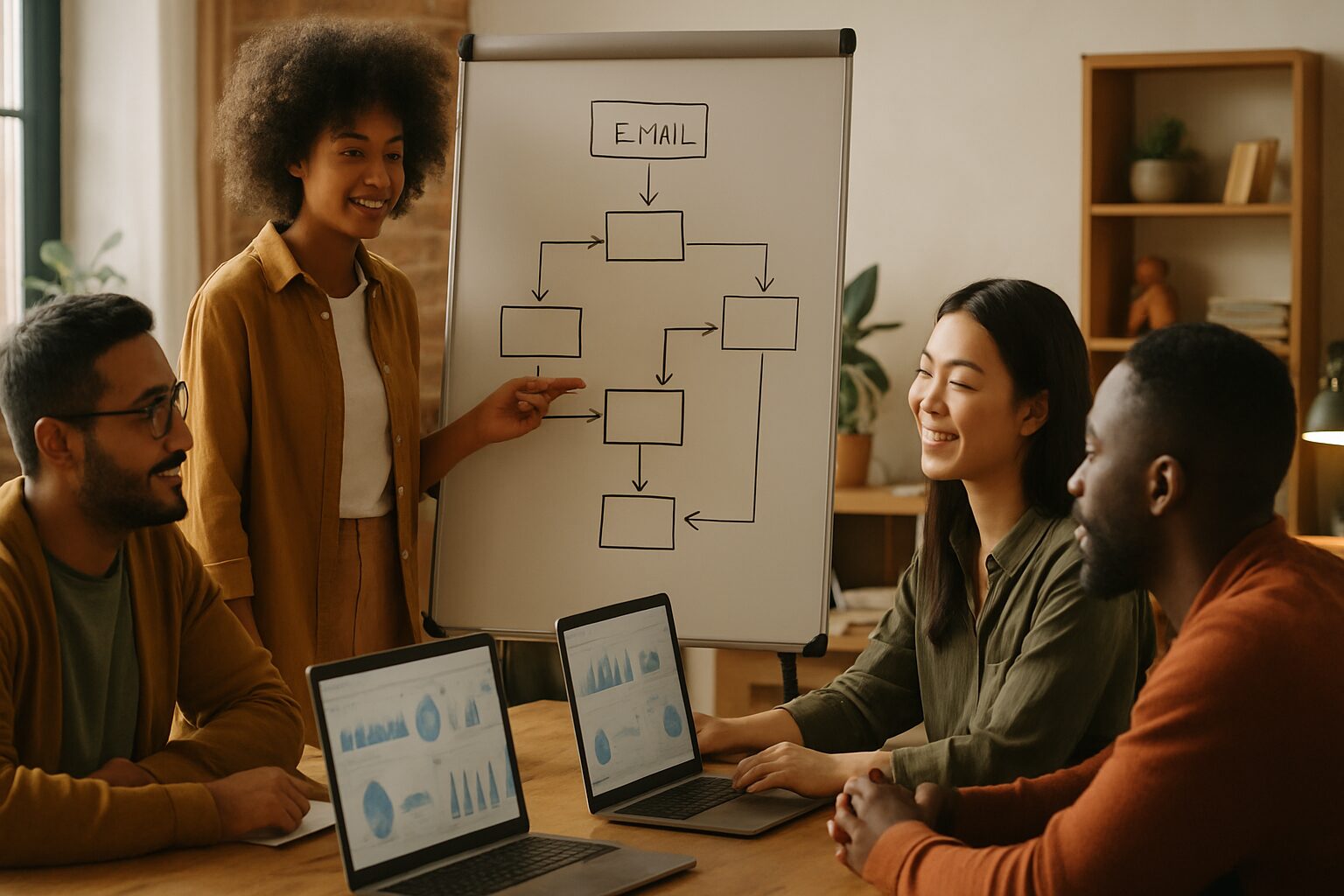 Équipe travaillant sur un flux de séquences emailing au tableau