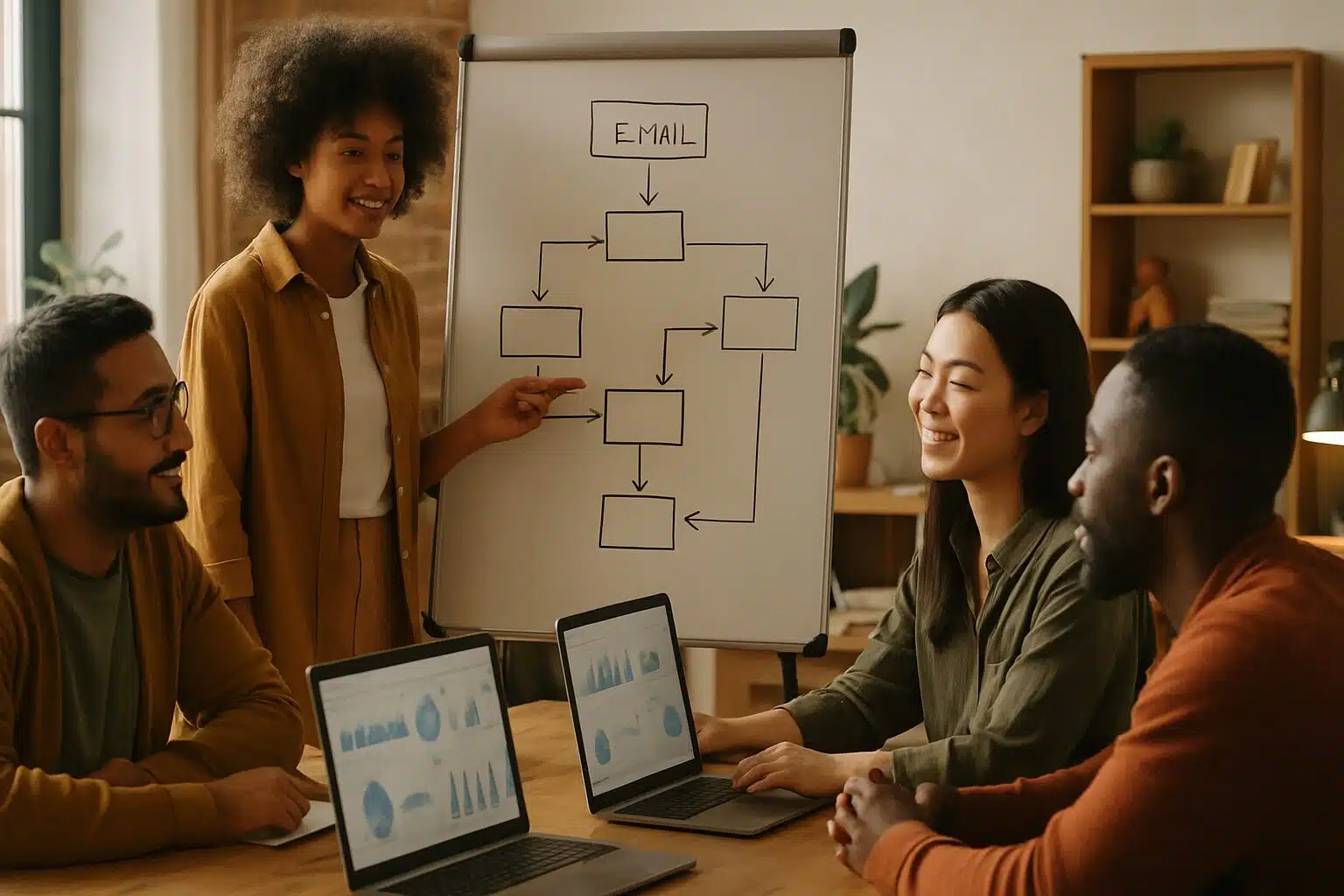 Équipe travaillant sur un flux de séquences emailing au tableau