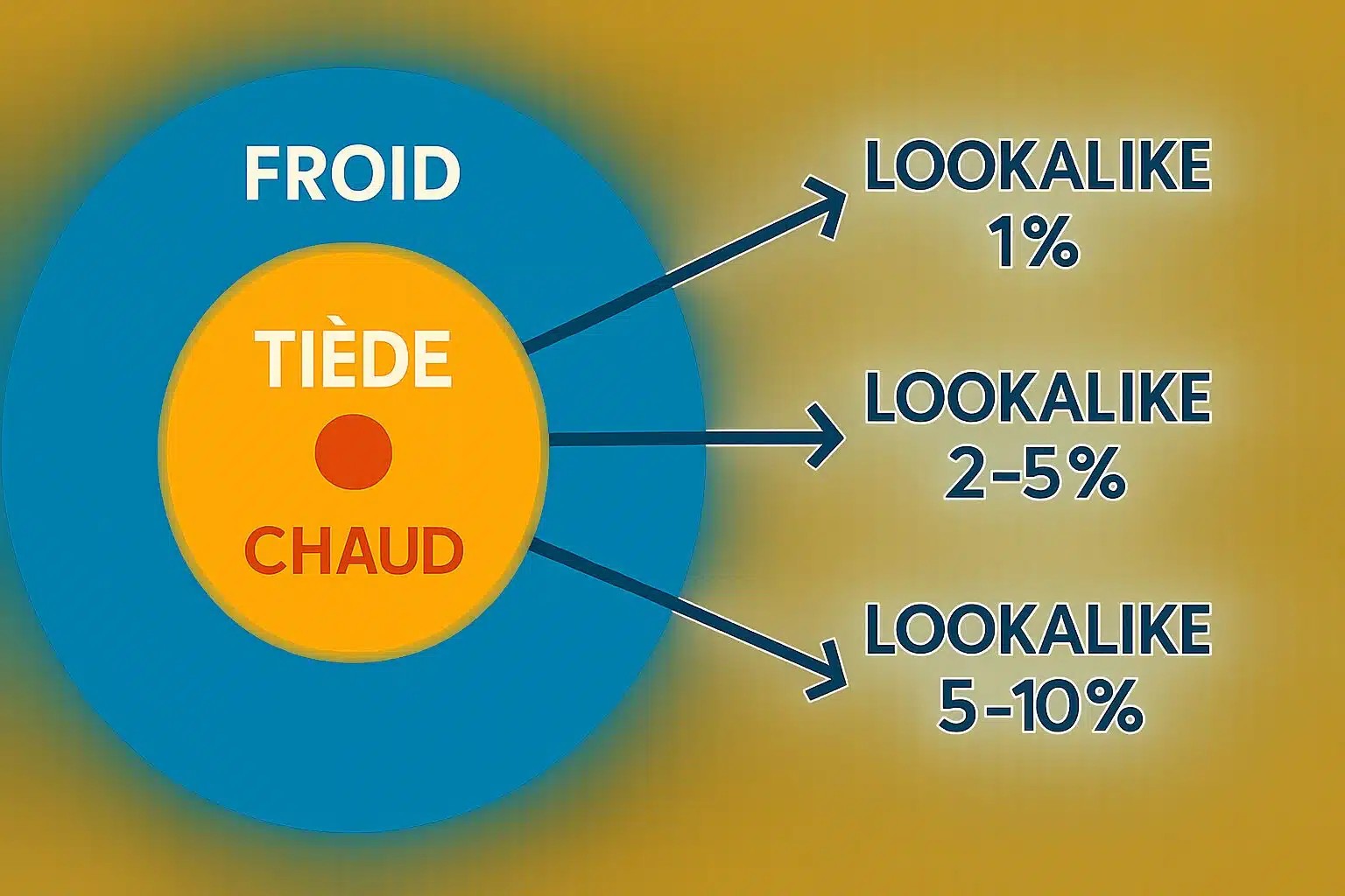 Schéma des audiences lookalike et funnel Cold/Warm/Hot pour Meta Ads
