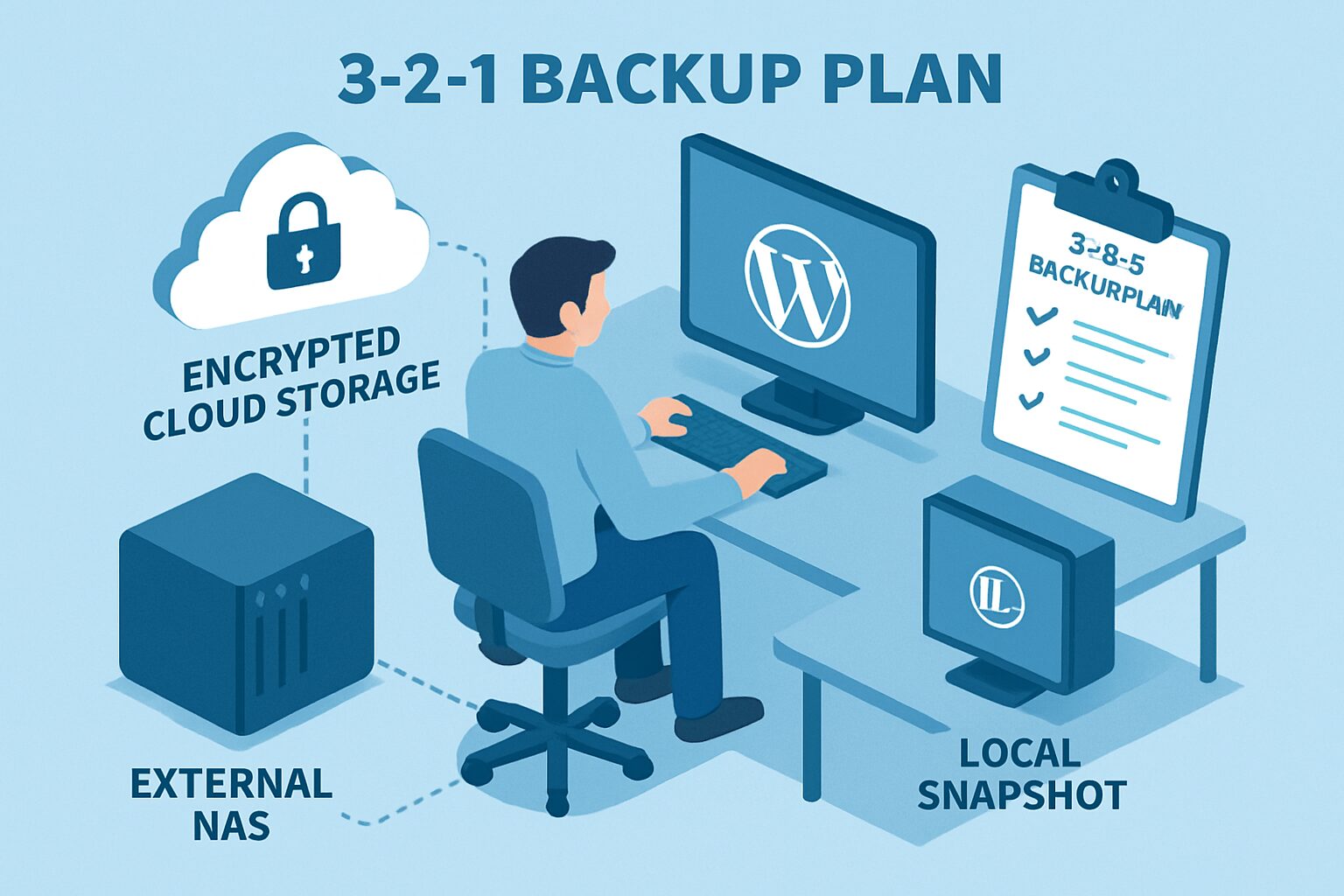 Stratégie 3-2-1 de sauvegardes WordPress: local, NAS, et cloud chiffré