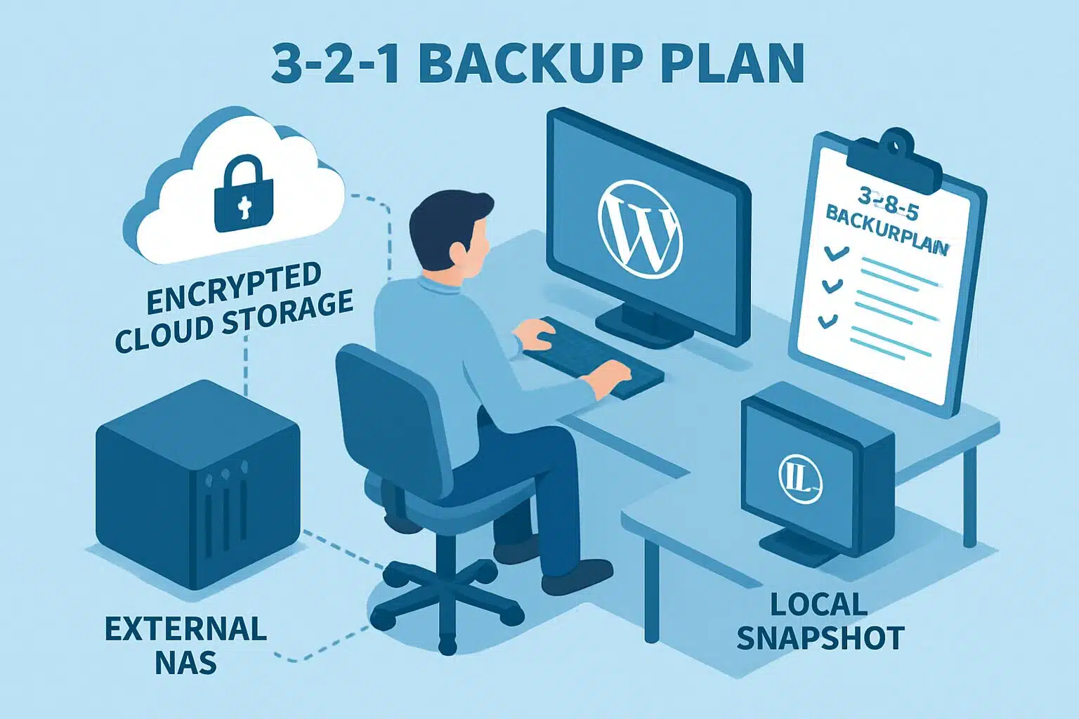 Stratégie 3-2-1 de sauvegardes WordPress: local, NAS, et cloud chiffré