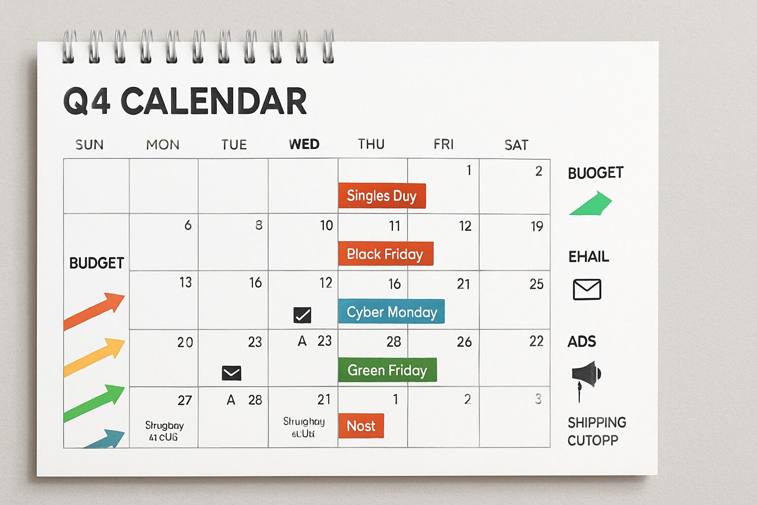 Calendrier promotionnel Q4 avec jalons Black Friday et Noël