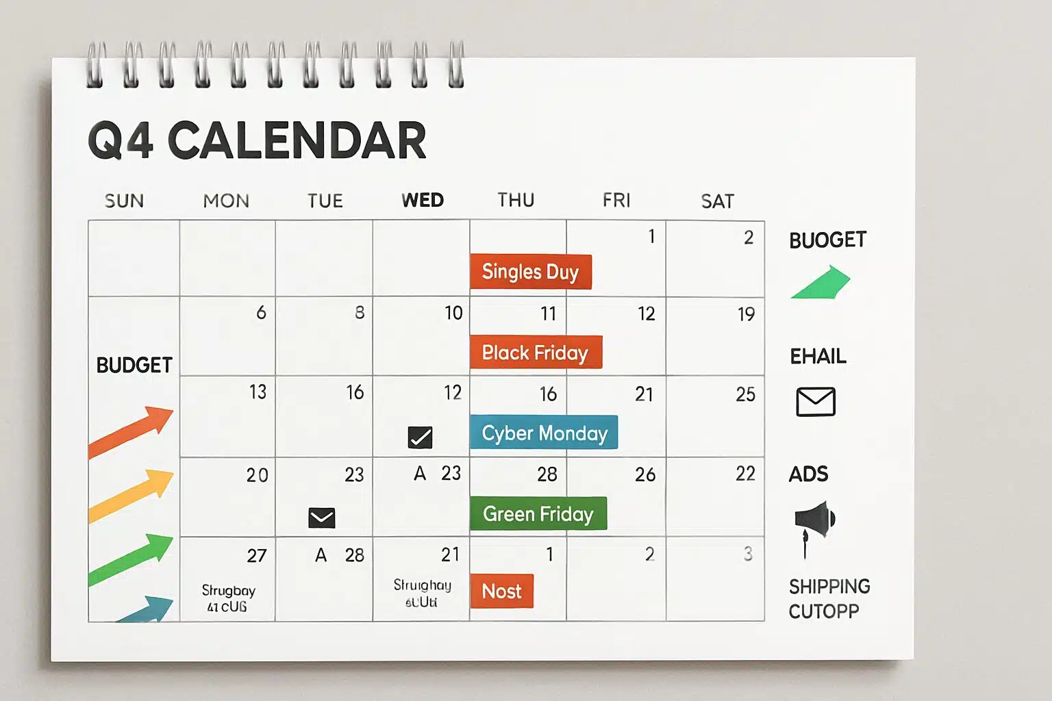 Calendrier promotionnel Q4 avec jalons Black Friday et Noël