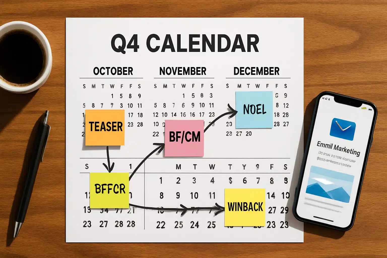 Calendrier Q4 avec séquences email et notes colorées