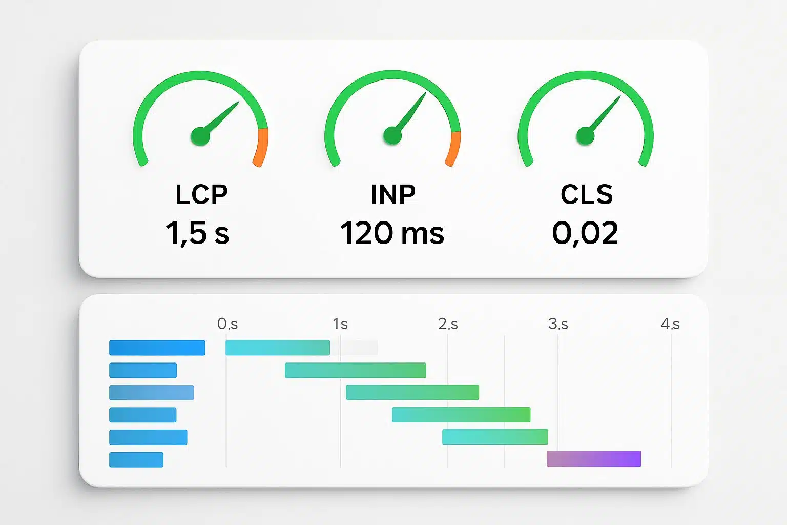 Tableau de bord Core Web Vitals: LCP, INP, CLS au vert