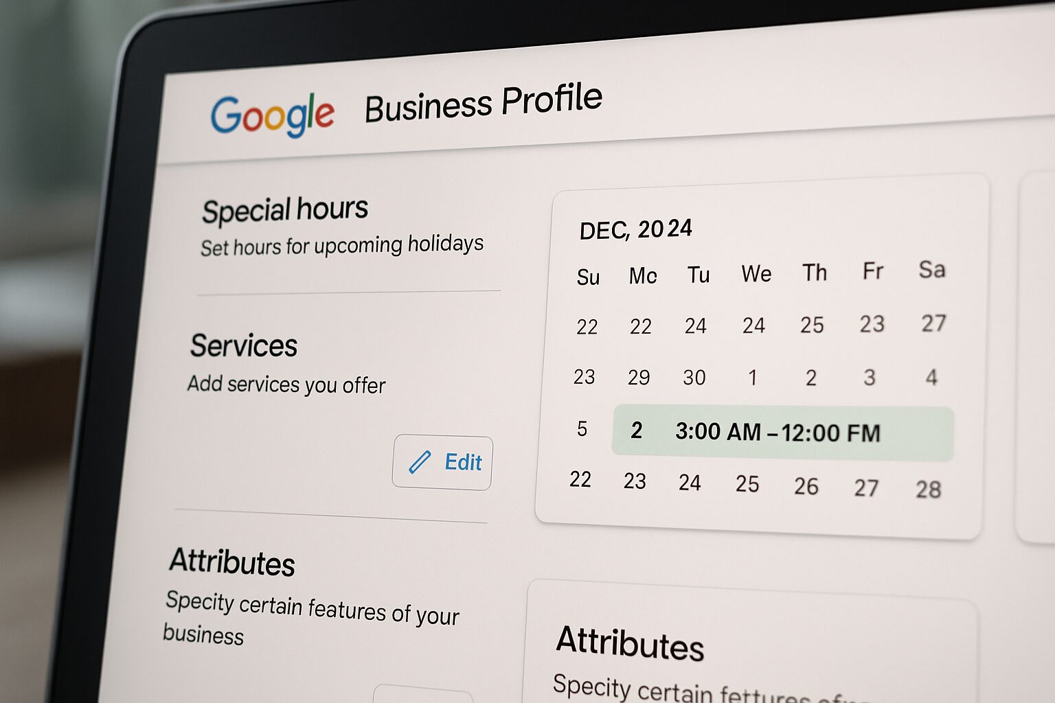 Tableau de bord Google Business Profile avec horaires spéciaux pour les fêtes.