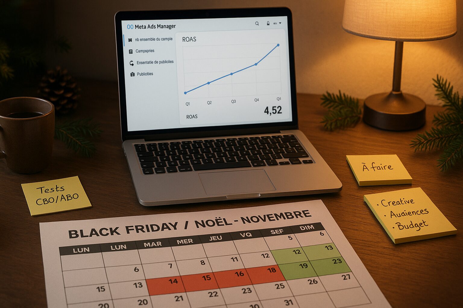 Plan média Q4 sur Meta Ads avec calendrier Black Friday et courbe de ROAS en hausse