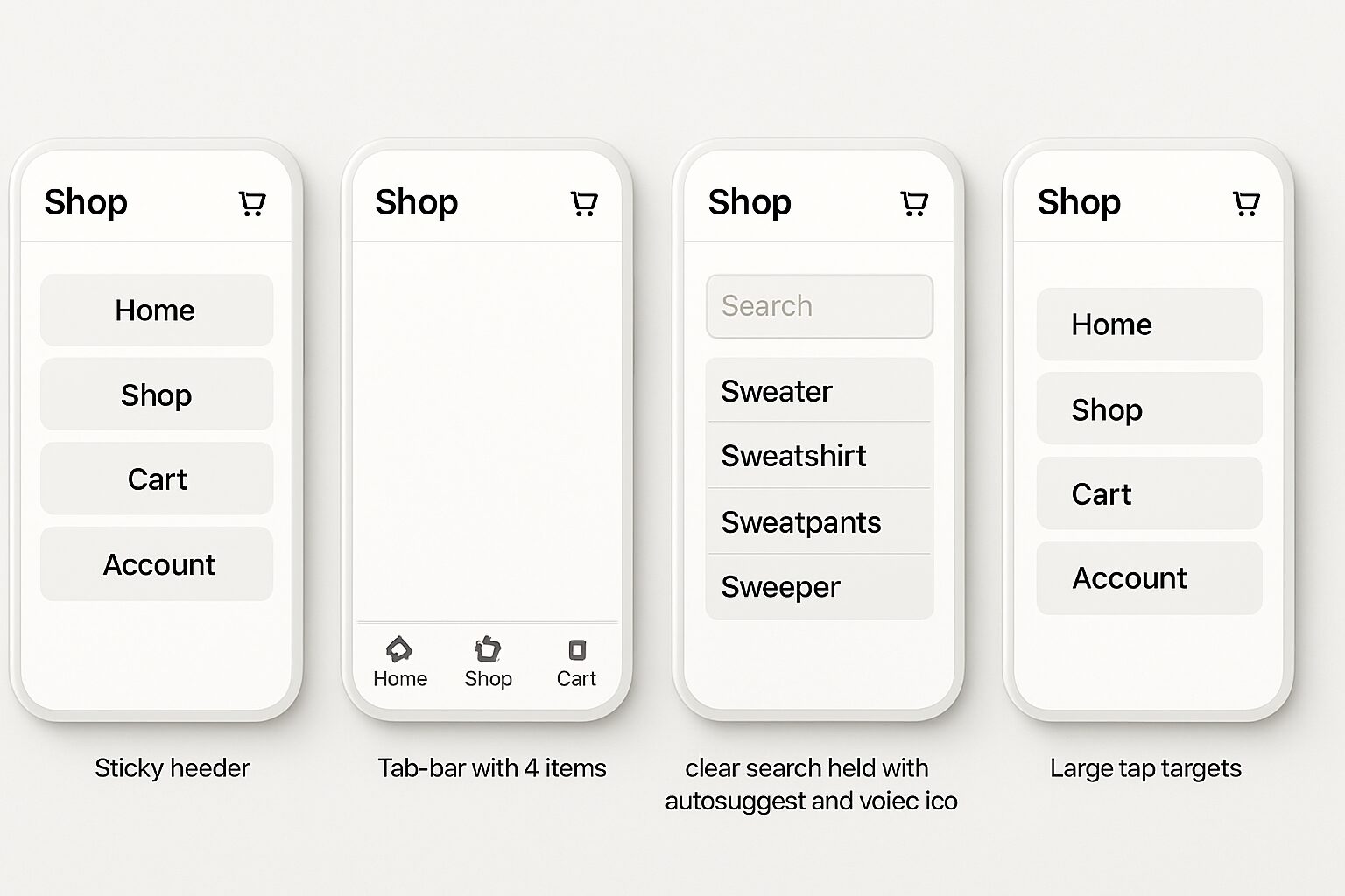 Navigation mobile avec barre tab, recherche visible et cibles tactiles larges