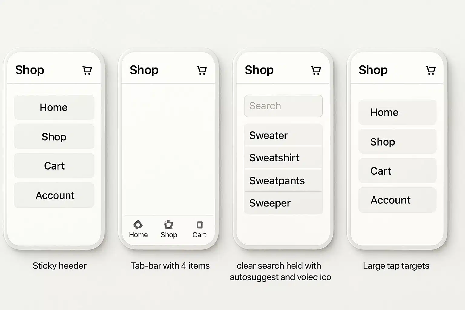Navigation mobile avec barre tab, recherche visible et cibles tactiles larges