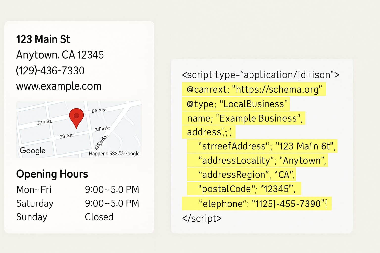 Page locale optimisée avec coordonnées et données structurées LocalBusiness.