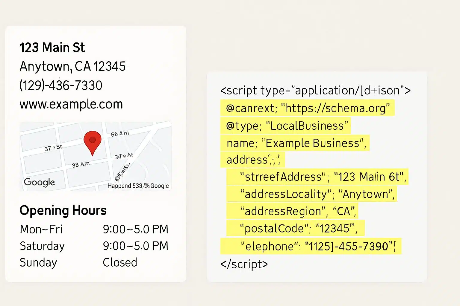 Page locale optimisée avec coordonnées et données structurées LocalBusiness.