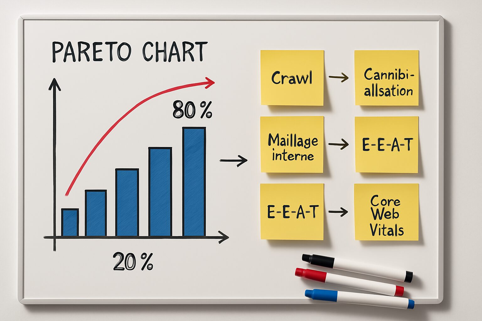 Schéma Pareto d’un audit SEO 80/20 sur tableau blanc avec priorités