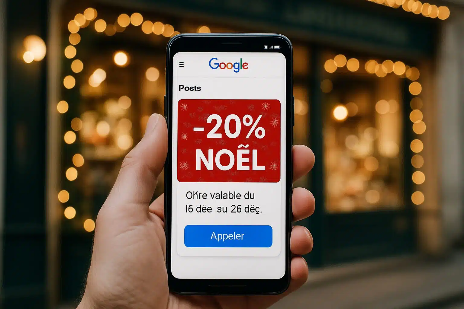Post Google d’offre spéciale fêtes affiché sur smartphone devant une boutique.