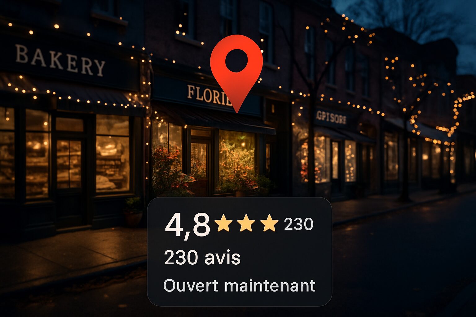 Rue commerçante décorée pour les fêtes, mise en avant d’un commerce avec bonnes notes locales.