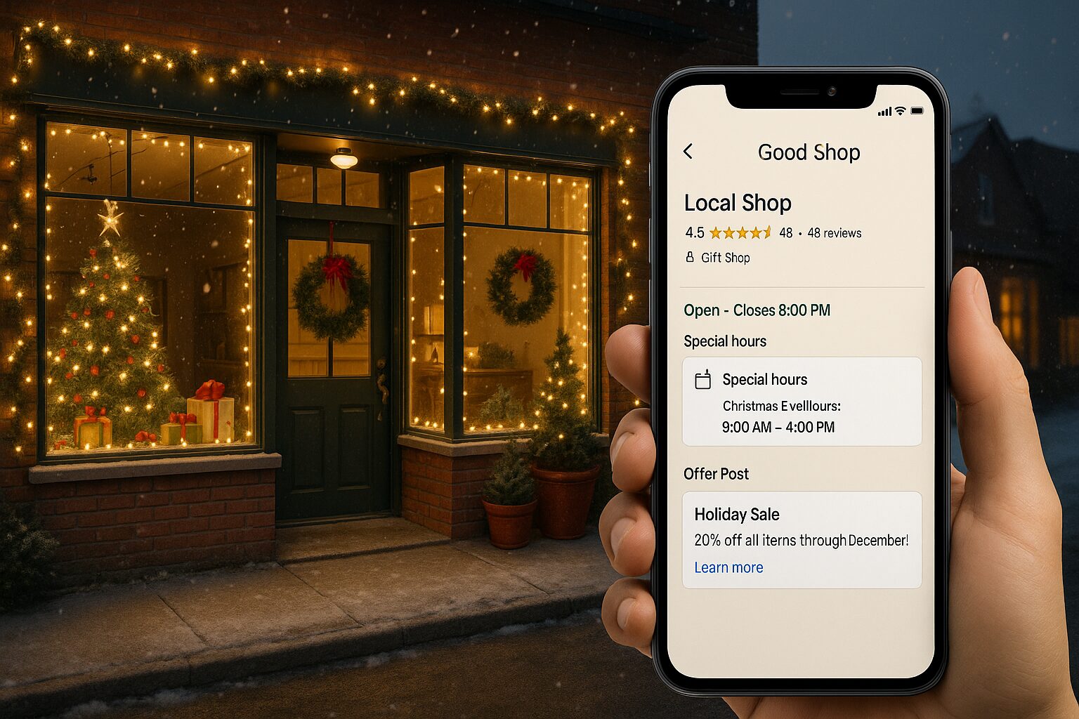 Vitrine d’un commerce local optimisé pour le SEO avant les fêtes, avec Google Business Profile affichant horaires spéciaux et offre.