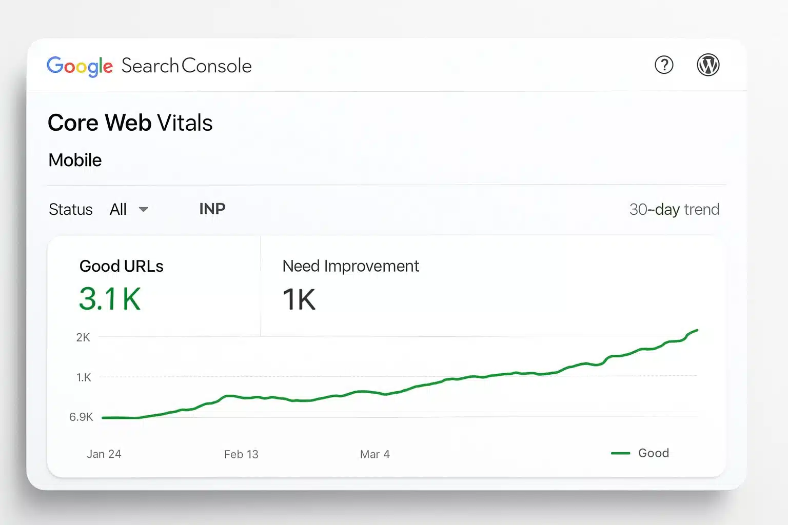 Rapport Core Web Vitals dans Search Console avec INP en amélioration