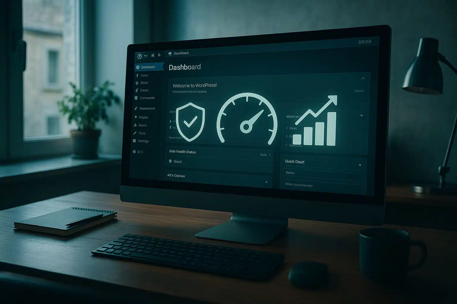 Tableau de bord WordPress 2026 avec icônes sécurité, vitesse et conversions