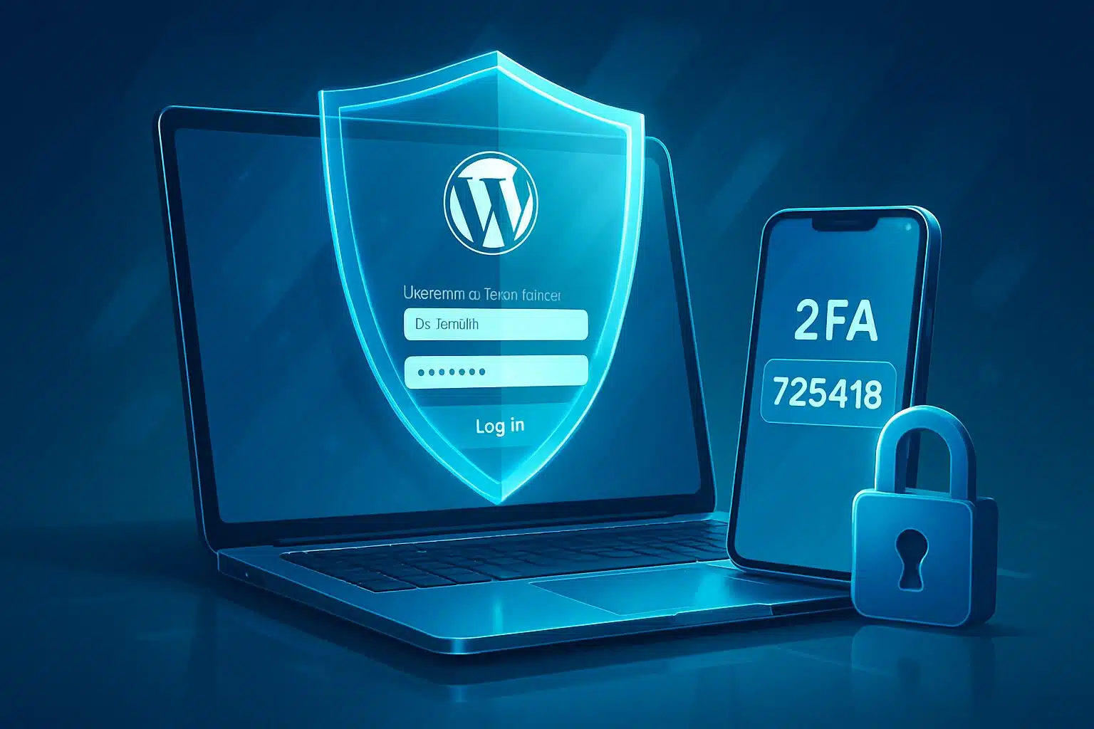 Écran WordPress avec 2FA et pare-feu symbolisés par un bouclier